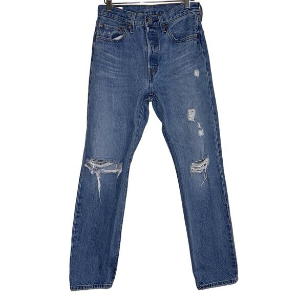 Levis Premium 501 Jeans Womens Blue Straight Leg Distressed Button Fly Size 26 - Picture 1 of 5